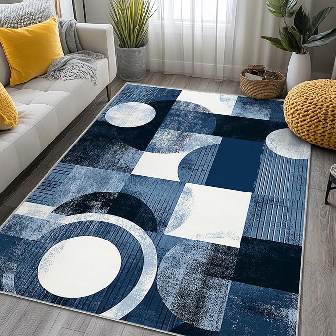 Boho Area Rug for Living Room Abstract Geometric 8x10 Entryway Rug Modern Blue Circles Rugs Non Slip Low Pile Machine Washable Floor Carpet for Indoor Bedroom Kitchen Dining Room Office