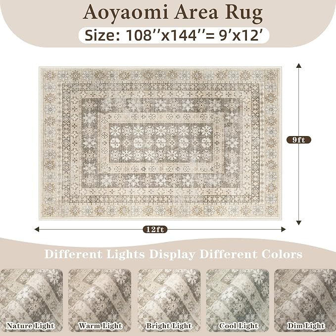 Area Rug for Living Room 9x12: Large Washable Boho Moroccan Rugs Geometric Floral Rug, Non-Slip Foldable Morden Farmhouse Indoor Floor Carpet for Bedroom Dining Table Home(FloralBrown, 9'x12')
