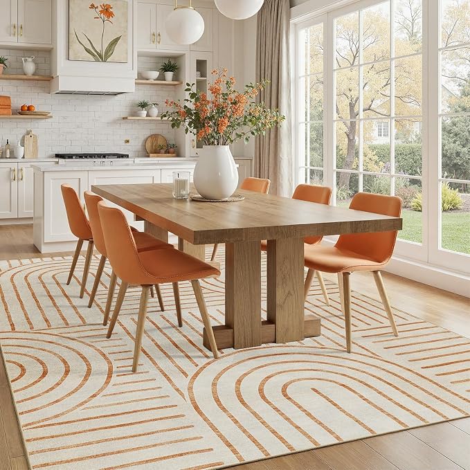 DCX Abstract Washable 9x12 Rug, Non Slip Low Pile Rug, Beige | Rugs for living room, bedroom, dining room, office, soft, mid century modern rug, sain resistant indoor carpet, home decor