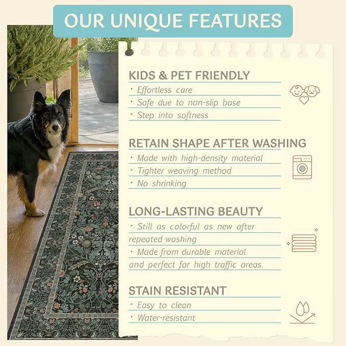 Boho 8x10 Rugs for Living Room, Dark Green Moody Washable Area Rugs for Bedroom, Dining Room Under Table, Playroom, Non Slip Low Pile Oriental Floral Woodland Flower Olive Accent Carpet