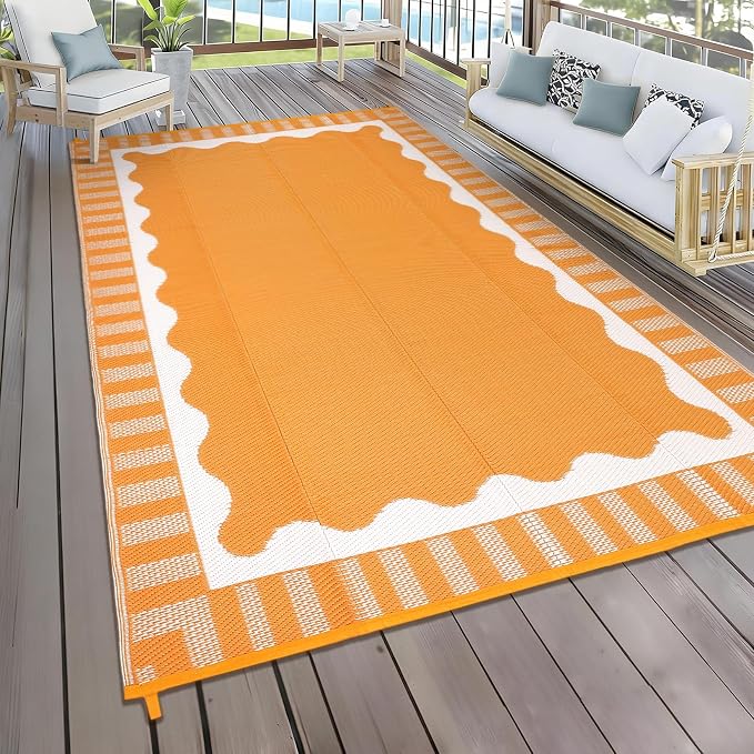 Garvee Large Waterproof Outdoor Rug 9x18 Outdoor Patio Rug, Modern Scalloped Reversible Plastic Straw Camping Rugs, Bordered Outside Carpet for Picnic Backyard Deck Balcony Trailer, Orange