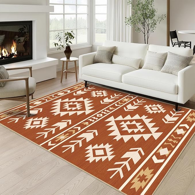 Western Area Rug 4x6 for Living Room, Southwestern Aztec Tribal Area Rugs Southwest Navajo Machine Washable Rug Non-Slip Printed Low-Pile Floor Carpet for Bedroom Dining Room Office, Yellow Brown
