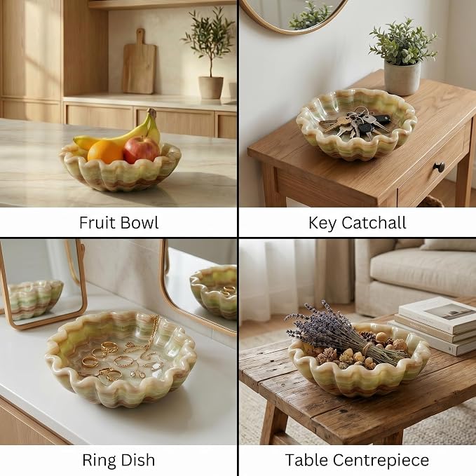 Green Onyx Marble Decorative Bowl 8 Inch Handmade – Scalloped Ruffle Bowl for Kitchen Counter, Dining Table Centerpiece & Entryway Key Bowl, Housewarming Gifts