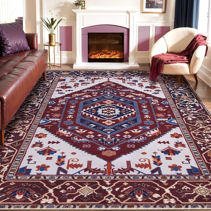 SERISSA 8x10 Washable Non Slip Boho Area Rug for Living Room | Ultra Soft Vintage Oriental Carpet Low-Pile Burgundy Navy Throw Carpet for Dining Room Bedroom Dorm Office Home Decor