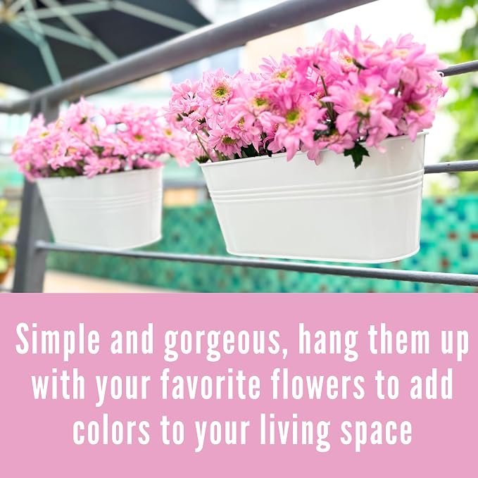 LaLaGreen Planter Boxes for Outdoor (2 Pack, 17 Inch) White Metal Deck Railing Hanging Flower Pots, Large Window Box Plant Holder Hooks Fence Rail Bucket Outside Boho Style Wall Mount Porch Herb Decor