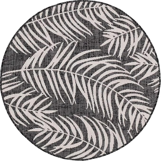 Unique Loom Outdoor Botanical Collection Area Rug - Palm (4' 1" Round, Charcoal/ Ivory)