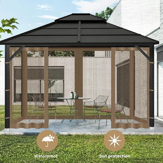 Gazebo Replacement Mosquito Netting Outdoor Universal Gazebo Canopy 4-Panels Screen Sidewalls with Zipper for Patio Garden (Brown, 10x12)