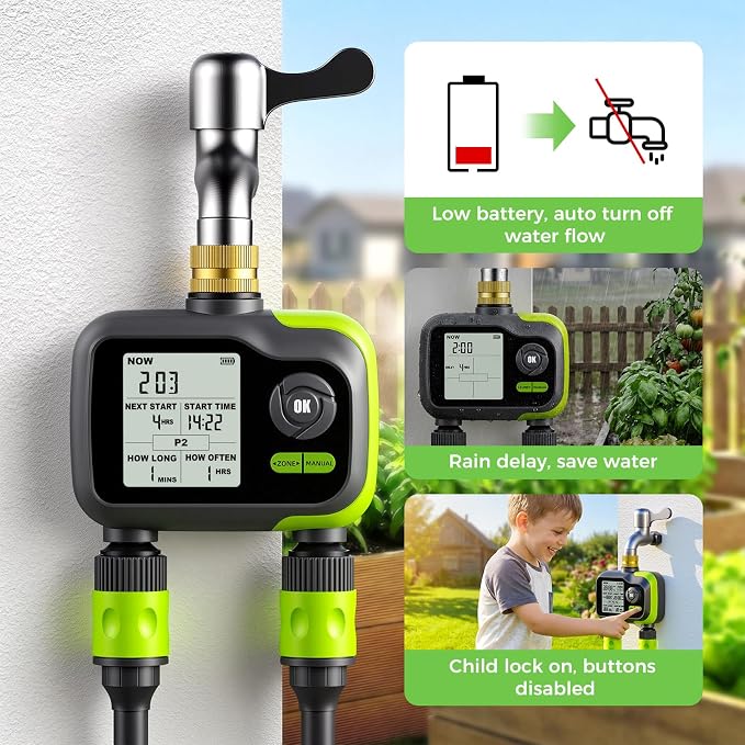 Sprinkler Timer, Watering Timer for Garden Hose, 2 Outlets Programmable Hose Timers with Rain Delay, Outdoor Soaker Auto & Manual Drip Irrigation Controller System for Lawn Yard Greenhouse