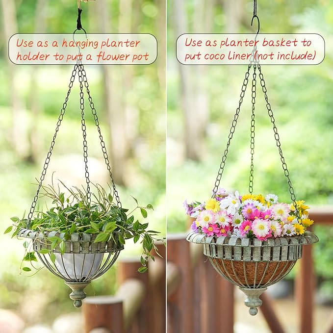 Set of 2 Metal Hanging Planters,Outdoor Hanging Baskets Garden Patio Porch.