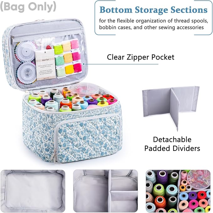 AMOIGEE Double-Layer Sewing Organizer Storage Bag with 2 Detachable Pouches, Large Quilted Sewing Basket for Supplies & Tools, Portable Travel Sewing Kit Case, Gift for Mom(Bag ONLY)