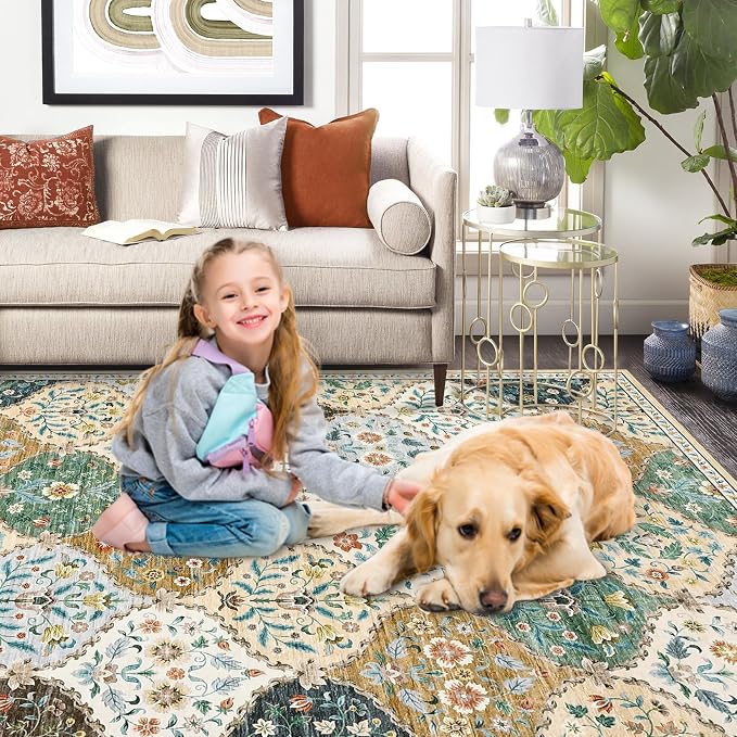 ROYHOME Area Rug 10x13 Extra Large Rug Trellis Machine Washable Rug | Stain Resistant Non-Slip Carpet for Living Room Farmhouse Vintage Distressed Floral Floor Cover for Bedroom, Beige/Taupe