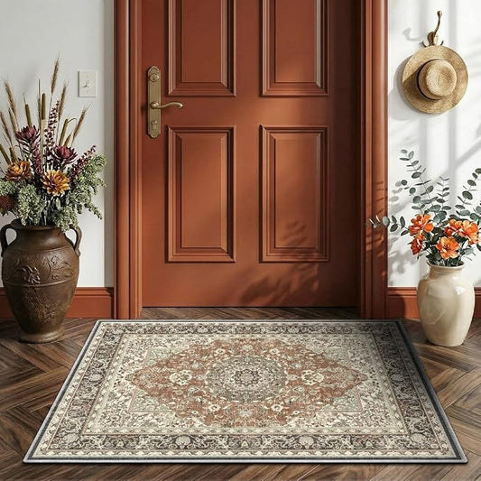 2x3 Area Rug Washable Vintage: Non Slip Throw Rugs for Entryway | Indoor Door Mat for Kitchen Soft Low Pile Thin Small Carpet for Hallway Bedroom Dining Room Home Office Decor