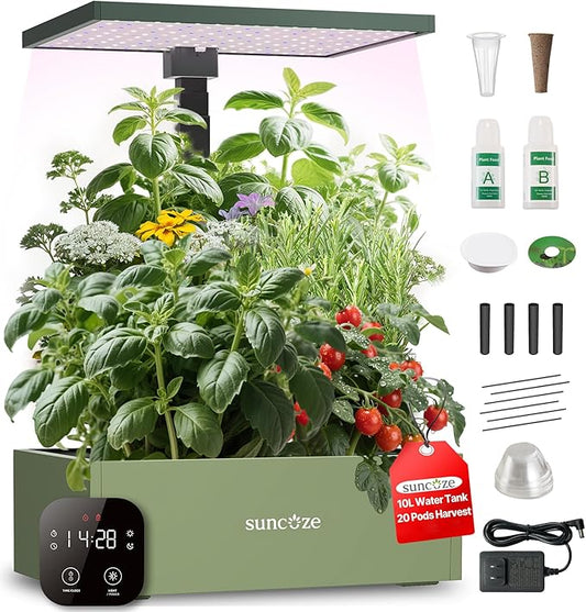 SUNCOZE Smart Hydroponics Growing System, 20 Pods, 25 in Adjustable Height | Indoor Herb Garden with 30W LED Grow Light, 10L Water Tank, Timer & Clock, Plants Germination Kit with Quiet Pump, Green