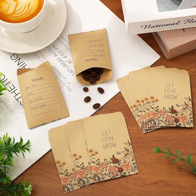 FYSUIMU 300Pcs Wildflower Seed Packets Let Love Grow Self-Adhesive Kraft Envelopes Rustic Floral Seed Storage Pockets for Garden Office Party Favors Supplies, 3.15 x 2.4 Inch