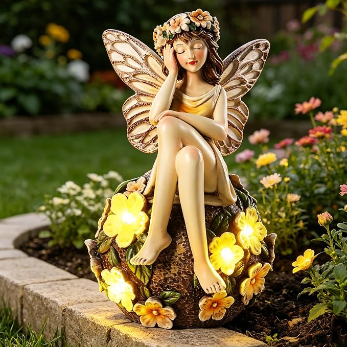 Solar Fairy Statue Sitting on the Flower Ball Light 6.8" Angel Statues for Garden Yard Patio Porch Lawn Decor Resin Fairy Figurine Outdoor Waterproof Angel Gifts for Women Mom Sister