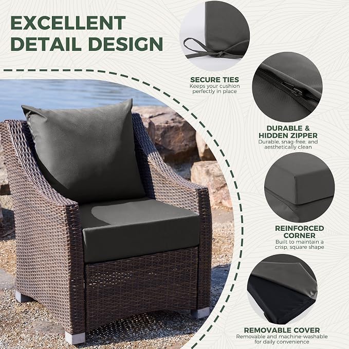Outdoor Cushions for Patio Furniture, Outdoor Seat Cushion Set 24 x 24 x 5.75 in, Waterproof & Fade Resistant Outdoor Chair Cushions, Patio Cushion with Removable Cover, Set of 6, Dark Grey