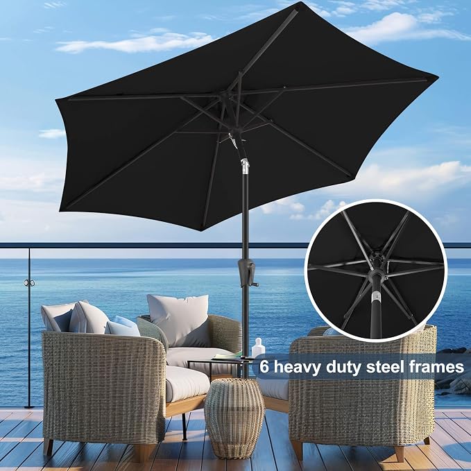 FLAME&SHADE 9ft Patio Umbrella Outdoor - Table Umbrella with Push Button Tilt and Crank, UV Protection, 6 Sturdy Ribs, Market Umbrella for Garden, Deck, Backyard, Lawn, Pool and Beach(Black)