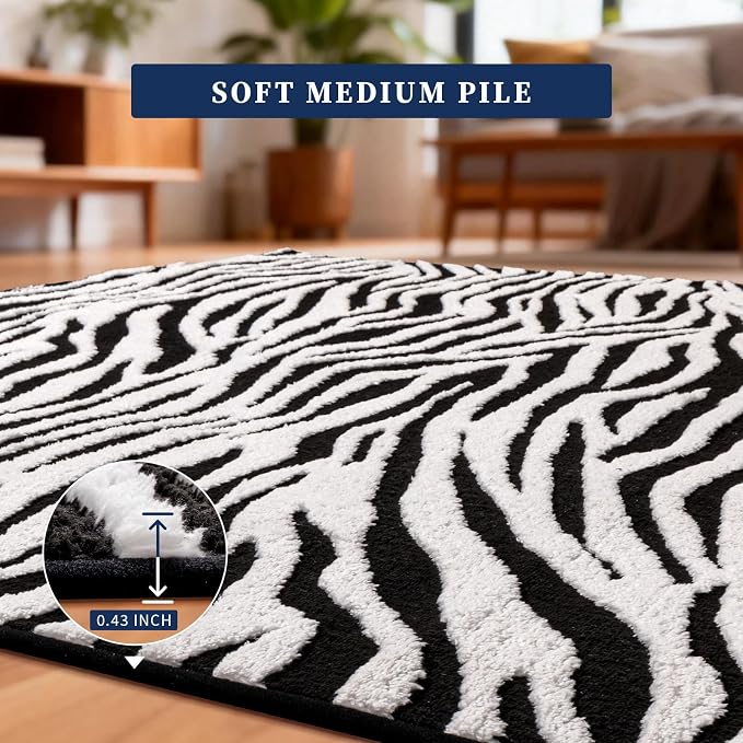 5×7 Ft Area Rugs, Black and White Modern Abstract Rug, Washable Plush Soft Zebra Print Carpet, Non-Slip Non-Shedding Rug for Living Room, Bedroom, Playroom, Home Office Decor