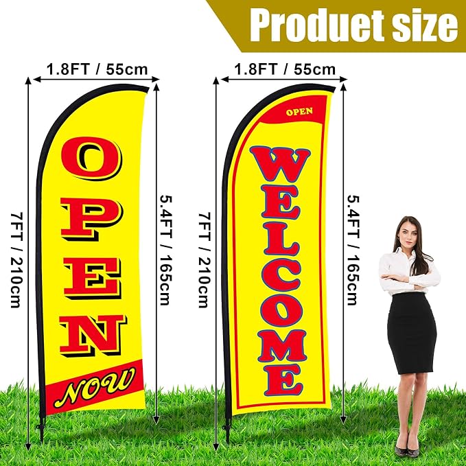 Buryeah 2 Sets Now Open Flag Banner for Business Advertising 7 ft Feather Flag Sign with Flagpole Ground Stake Portable Bag (Yellow)