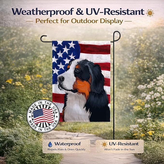 Caroline's Treasures CK6433GF Bernese Mountain Dog American Flag Garden Flag Mailbox Flag Decorative Yard Flag Banner Outside Patio Artwork Yard Flower Beds, Garden Size, Multicolor