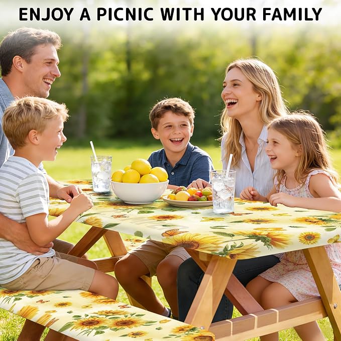 Picnic Table Cover with Bench Covers Elastic Edges, 3 Pcs Sunflower Fitted Table Cover with Drawstring Bag, Waterproof Windproof Aesthetic Camping Tablecloth, Outdoor Camping Essentials 72 Inch