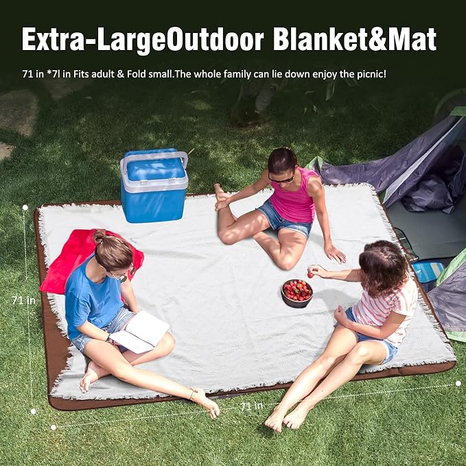 2-in-1 White Picnic Blanket, Extra-Large Waterproof Picnic Mat,Outdoor Blanket for Camping, Beach, Park,Portable Double-Layer Design (71"x71",T-Grid)