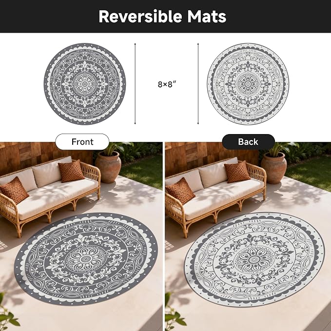 Pauwer Waterproof Outdoor Rug 8ft, Reversible Plastic Straw Patio Camping Rug, Indoor Outdoor RV Mat Carpet for Deck, Camper, Porch, Balcony, Backyard, Picnic, Paisley Grey