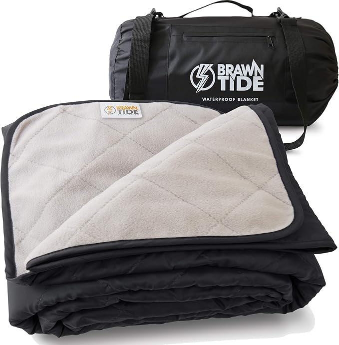BRAWNTIDE Large Waterproof Outdoor Blanket, Extra Thick Fleece, Warm, Windproof & Sandproof, Quilted Stadium Blanket for Sports Events, Beach, Camping, Picnics, Dogs & Car, 82" x 55
