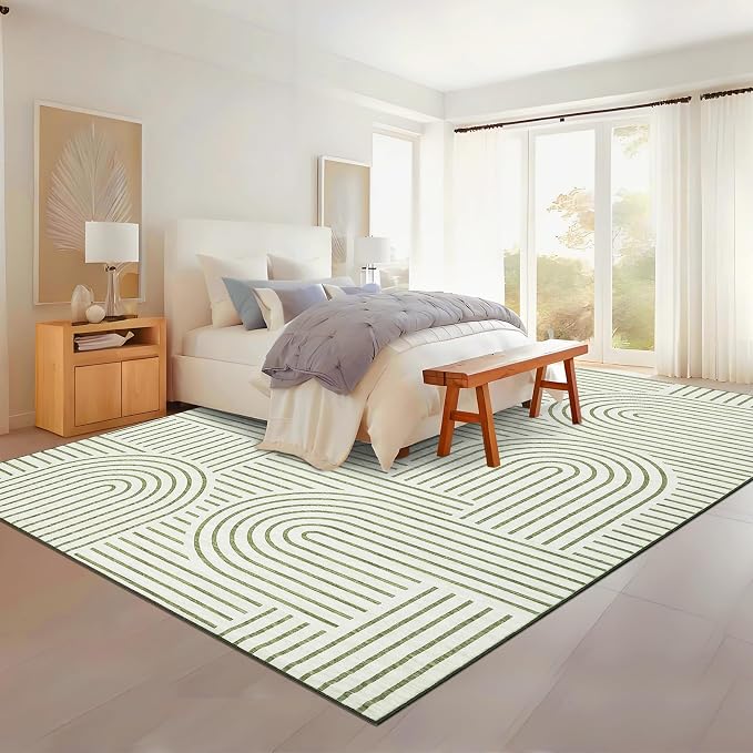 ROYHOME Modern Washable Rug 9x12 Area Rugs for Living Room Non Slip, Green | Abstract Rug for Bedroom, Rainbow Throw Rugs with Rubber Back, Low Pile Stain Resistant Boho Geometric Carpet for Dining Room
