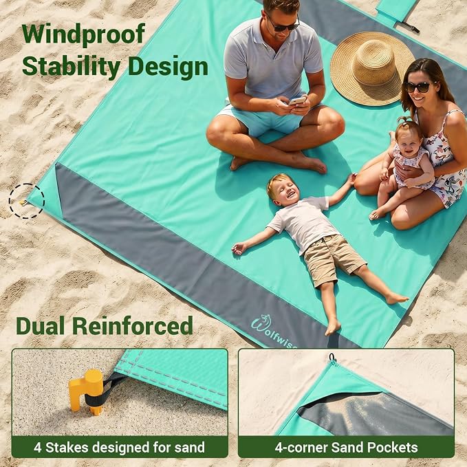 Wolfwise 78" × 81" XXL Beach Blanket, Waterproof & Sandproof Picnic Mat with 4 Sand Pockets & 4 Stakes, Windproof Outdoor Camping Beach Mat, Lightweight, Fits 4 People, Pink