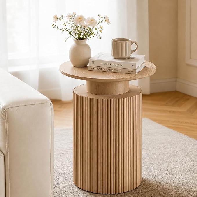 24" Fluted End Table Reversible, Hidden Storage, Natural Oak | Mid Century Modern Nightstand, Bedside Table, Cylinder Side Table, Pre-Threaded MDF, for Bedroom Living Room Office