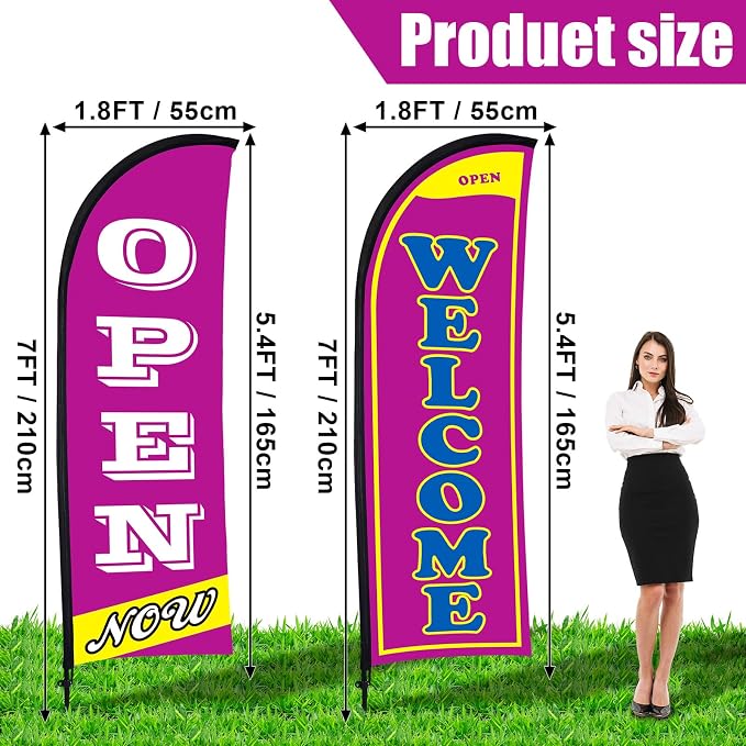 Buryeah 2 Sets Now Open Flag Banner for Business Advertising 7 ft Feather Flag Sign with Flagpole Ground Stake Portable Bag (Purple)