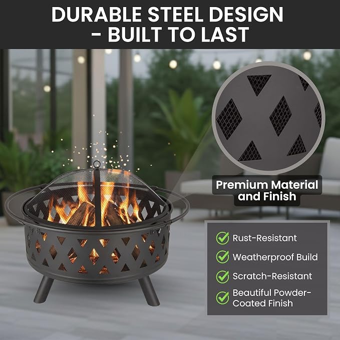 Fire Pit - 32-Inch Outdoor Wood Burning Firepit with Screen, Poker, and Cover - Outdoor Fire Pits for Backyard, Deck, or Patio by Pure Garden (Black)