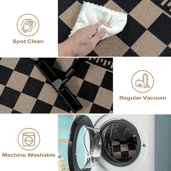 Checkered Easy Jute Entryway Rug, 2x3 Washable Non Slip Kitchen Rug, Indoor Outdoor Door Mat, Farmhouse Low Pile Floor Black Rugs for Porch Doorway