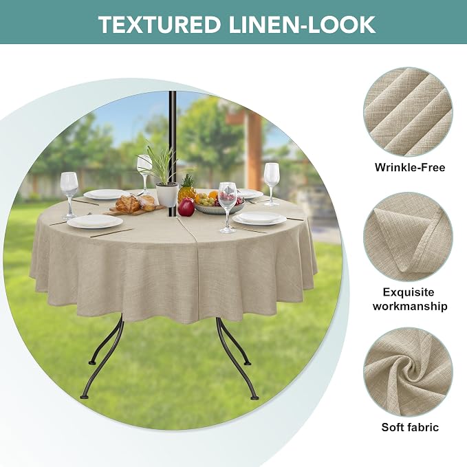 Outdoor Tablecloth with Umbrella Hole - Patio Table Cloth Zippered Round 60 Inch, Linen-Look Polyester Table Cover Water Resistant for Picnic Outside, Natural Color