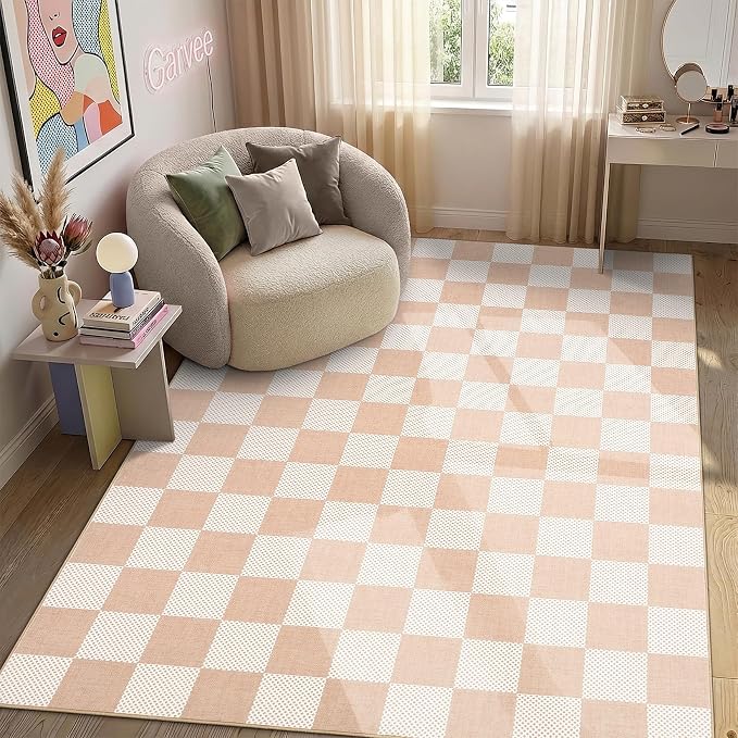 GarveeHome Checkered Blush Beige 3x5 Washable Rug Low-Pile Bedroom Nursery | Non-Slip Blush Beige Soft Stain Resistant Rug for Bedroom Bathroom Living Room Geometric Modern Rug TPE Backing
