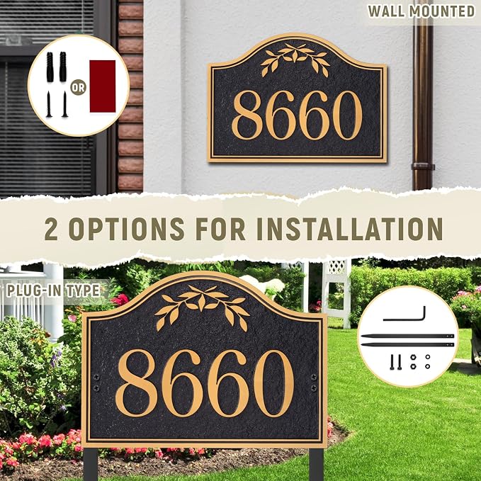 Yard Address Sign - Personalized Address Plaque,House Number Yard Sign,House Numbers for Outside,Lawn,Yard,Ground with 2 Stakes (Black/Gold)