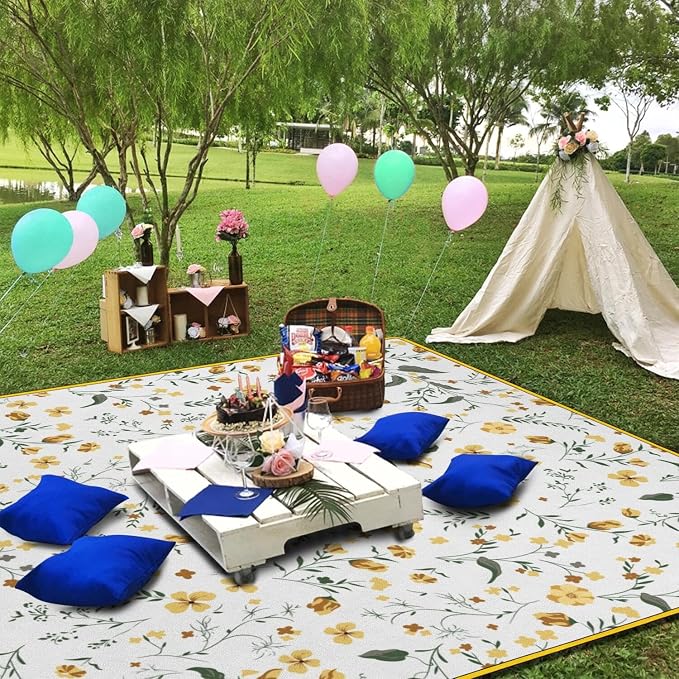 Flower Picnic Blankets Waterproof Foldable, 60’‘x80'' Portable Dual Layers Outdoor Travel Camping Picnic Backpacking Hiking Beach Blanket Mat for Grass Padded Lawn Park Beach ,Picnic Accessories