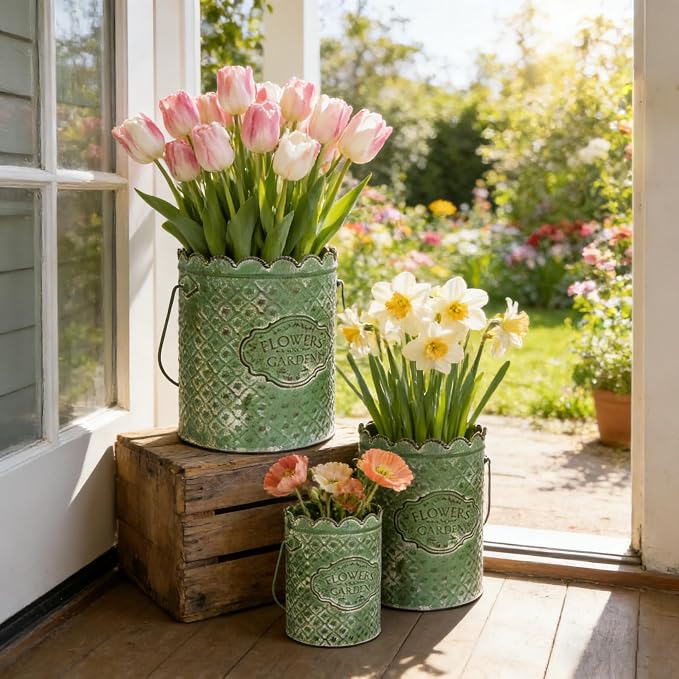 Set of 3 Vintage Distressed Metal Planter Rustic "Flowers and Garden" Embossed Flower Pots with Scalloped Edge & Handle Farmhouse Decorative Floral Buckets for Dried Flowers, Home Garden Decor (Green)