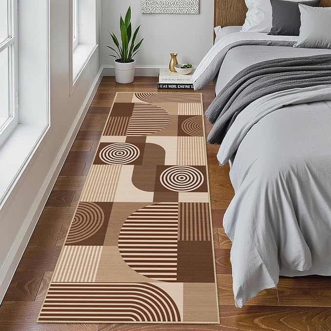 Brown Geometric 2x6 Runner Rug for Hallway Kitchen Bedroom Machine Washable Mid Century Modern Rug Non Slip Low Pile Minimalist Runner Rugs Long Floor Mat Carpet for Bathroom Laundry,Brown