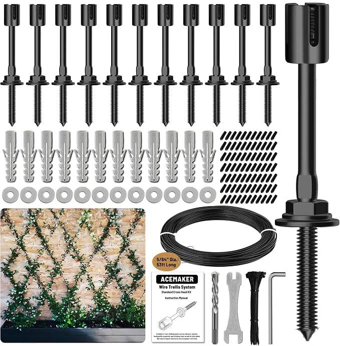 12-Set Black 5/64" (2mm) Wire Trellis for Climbing Plants Outdoor with 53ft Vinyl Coated Cable, T316 Stainless Steel Wall Wire Trellis Kit