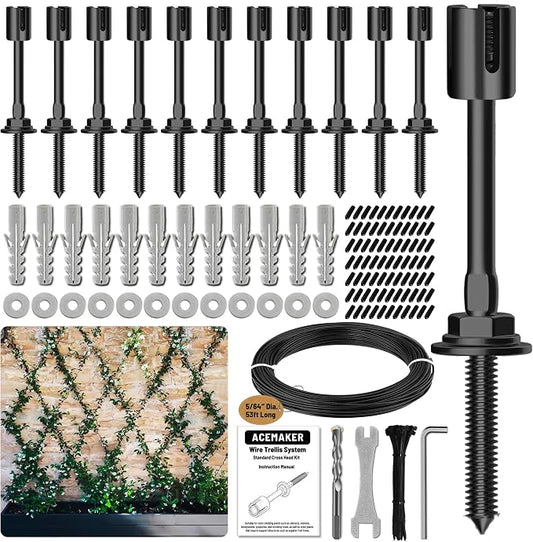 12-Set Black 5/64" (2mm) Wire Trellis for Climbing Plants Outdoor with 53ft Vinyl Coated Cable, T316 Stainless Steel Wall Wire Trellis Kit