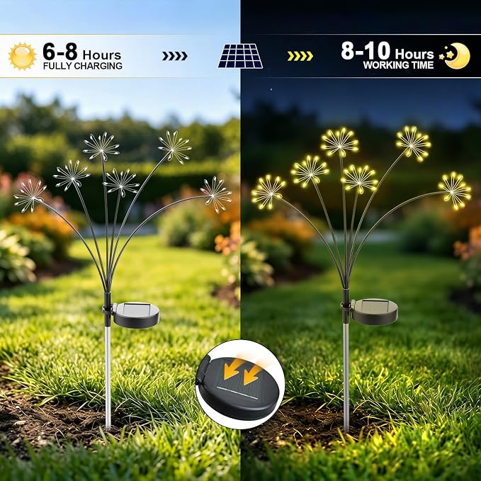 Solar Garden Lights Outdoor, Upgraded Solar Swaying Starburst Light Waterproof with 2 Modes, Solar Fairy Firework Lights for Yard Patio Pathway Flowerbed Balcony Garden Decoration (Warm White, 2 Pack)