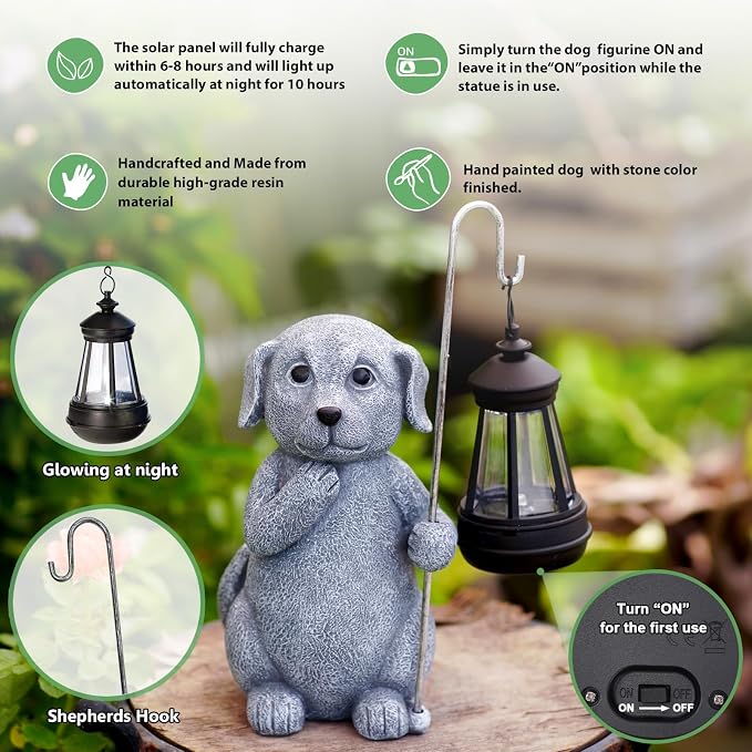 Qeeman Solar Dog for Garden Decor: Weatherproof Resin Statues | Warm Glow Lantern Outdoor Decoractions for Yard Pathway Patio Porch Balcony Front, Gifts for Mom Grandma Lovers