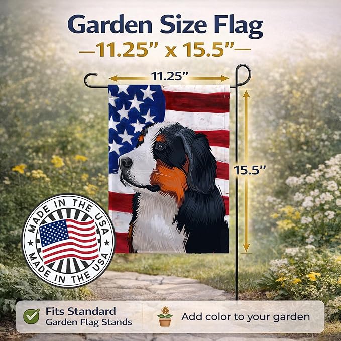 Caroline's Treasures CK6433GF Bernese Mountain Dog American Flag Garden Flag Mailbox Flag Decorative Yard Flag Banner Outside Patio Artwork Yard Flower Beds, Garden Size, Multicolor