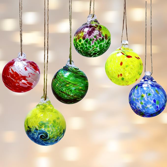 6 Pack Hand Blown Glass Christmas Ornaments - 2.3 Hanging Gazing Balls, Witch & Friendship Balls for Home Window, Outdoor Garden, Patio Decor - Gift for Mom, Wife, Women, Friends (Multicolor)