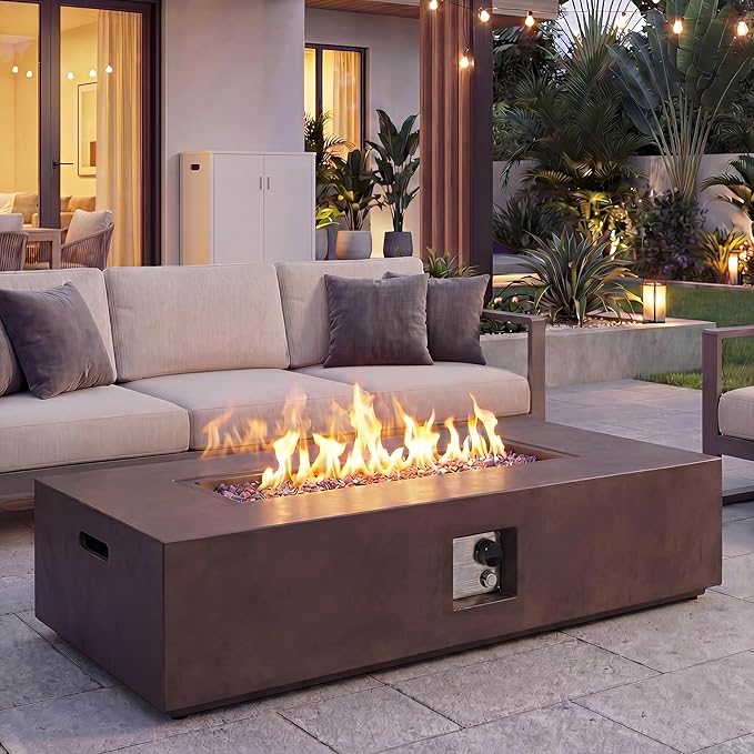 COSIEST Outdoor Propane Fire Pit Table 56-inch x 28-inch Rectangle Bronze Compact Concrete-Like Finish, 50,000 BTU, Free Lava Rocks, Fits 20lb Tank Outside, Raincover
