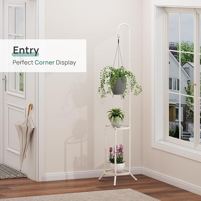 2-Tier Hanging Plant Stand, Heavy Duty Metal Planter Rack - Space Saving Indoor/Outdoor Shelves with 41" Hanging Space - Display Multiple Flower Pots, Tall Iron Plant Organizer for Living Room, Patio & Garden