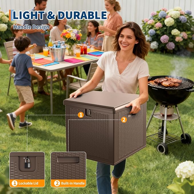 IDEALHOUSE 80 Gallon Resin Deck Box, Waterproof Outdoor Storage Box with Lockable Lid & UV Resistant, Patio Furniture Cushion Storage Container for Garden, Backyard, Poolside (Brown)