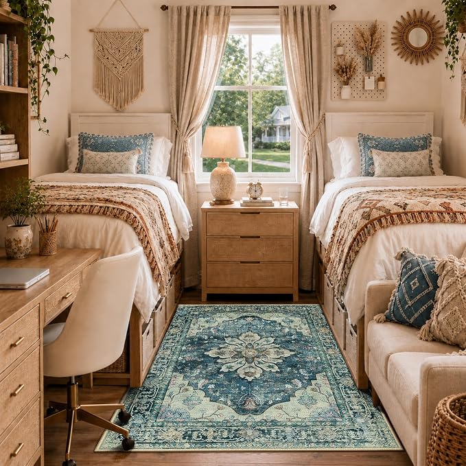 RELEANY Washable Area Rug, 4'x6', Blue/Vintage Dark Blue | Non-Slip, Water Repellent, Pet Friendly, Easy to Clean, Vintage Floral Boho Decor for Living Room Bedroom Kitchen Office